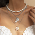 Conjunto de joias colar de mulheres com temperamento luxuoso flor de pérola em relevo retrato multi-camada colar retro